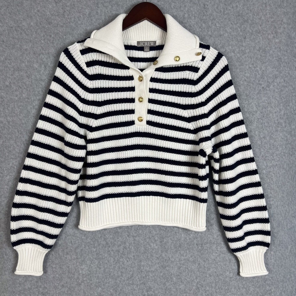J Crew White Navy Ribbed Cotton Button Collar Balloon Sleeve Knit Sweater Sz XS